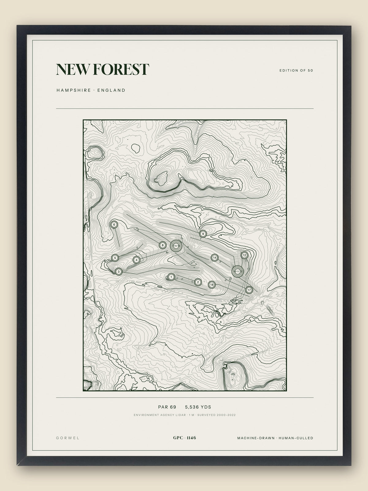 New Forest, Hampshire topographic golf course print, framed — Gorwel Print Co