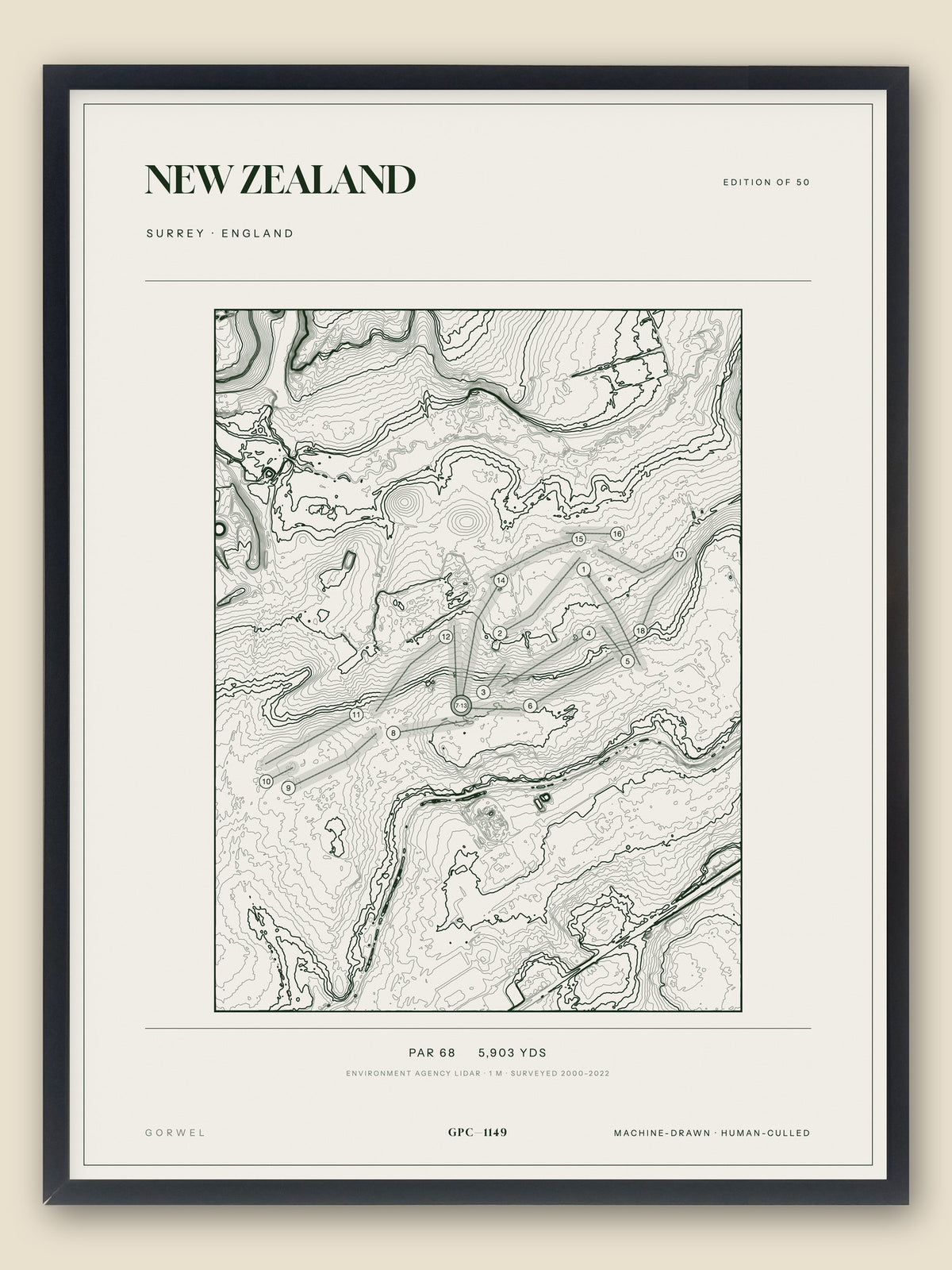New Zealand, Surrey topographic golf course print, framed — Gorwel Print Co