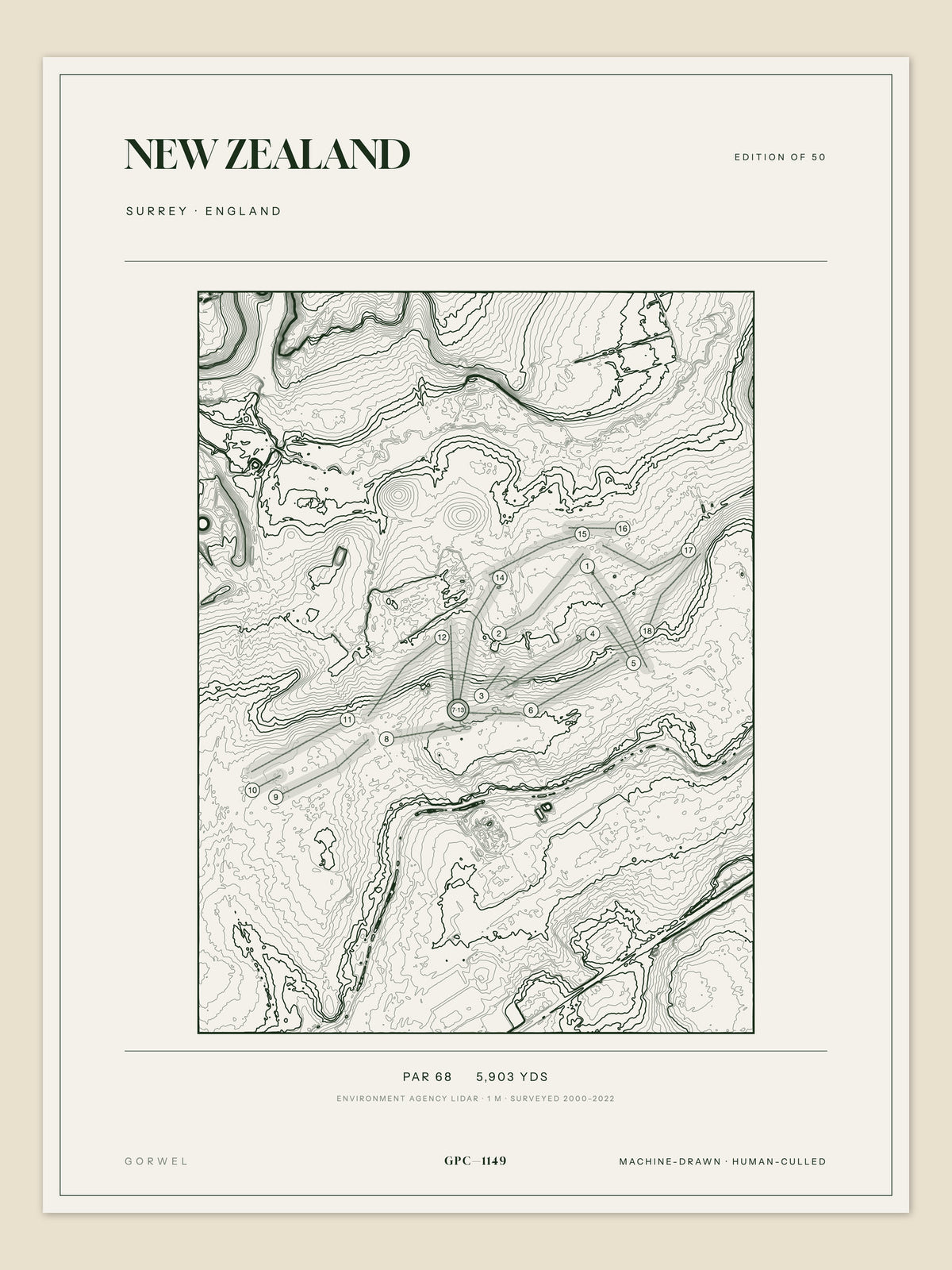 New Zealand, Surrey topographic golf course print