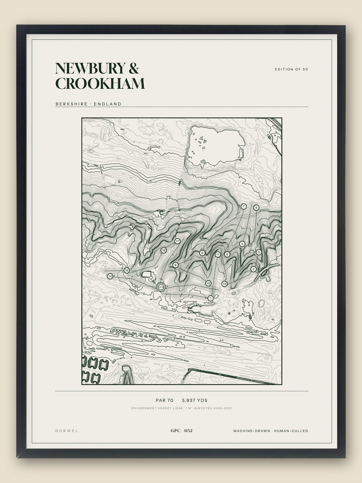 Newbury & Crookham, Berkshire topographic golf course print, framed — Gorwel Print Co