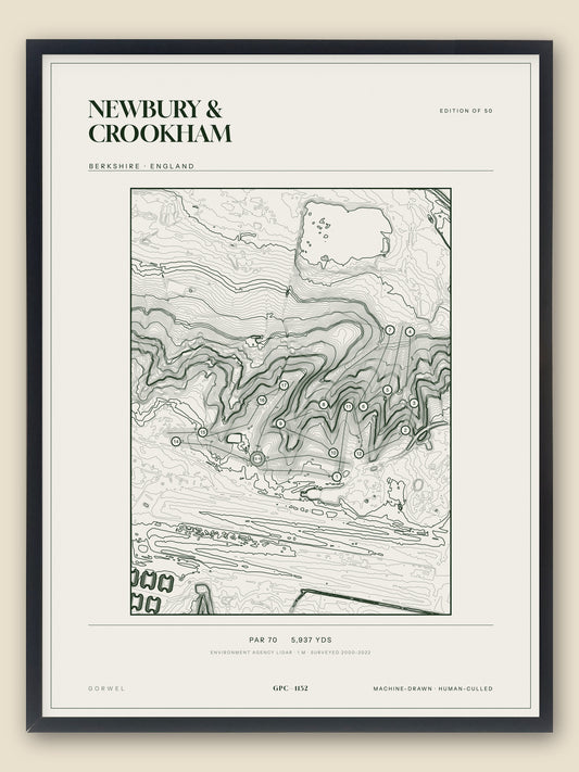 Newbury & Crookham, Berkshire topographic golf course print, framed — Gorwel Print Co