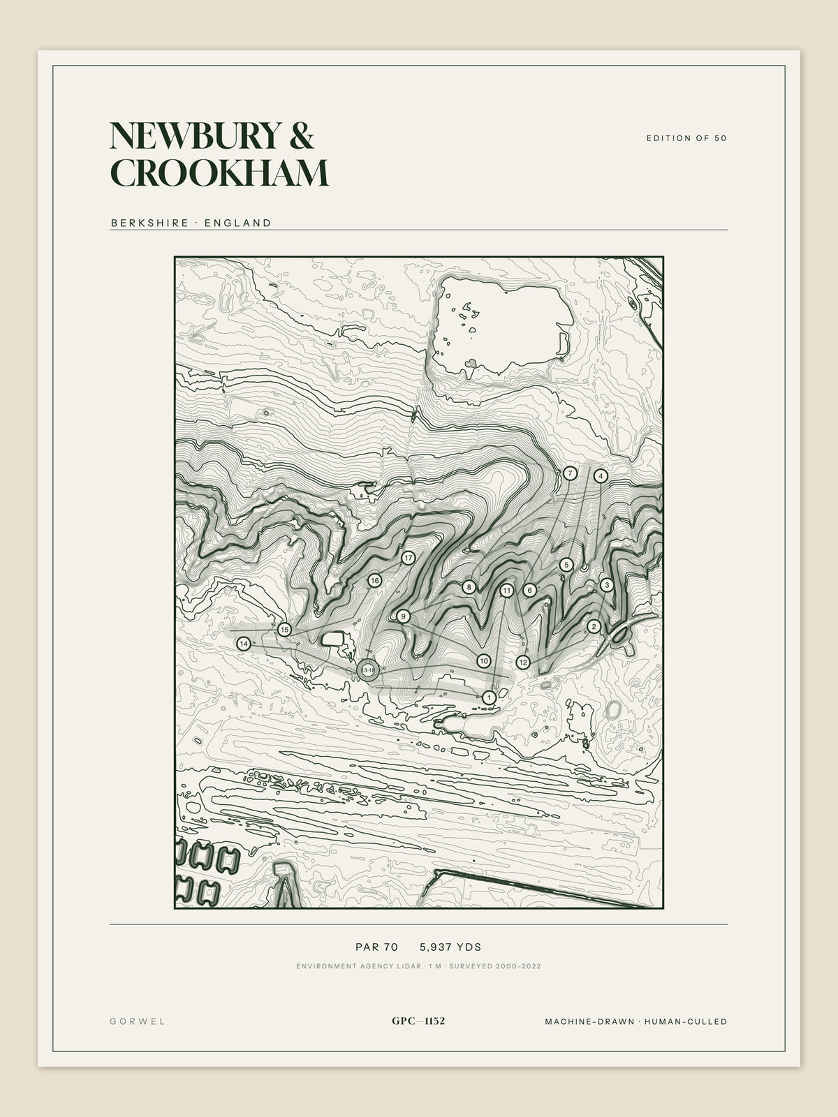 Newbury & Crookham, Berkshire topographic golf course print
