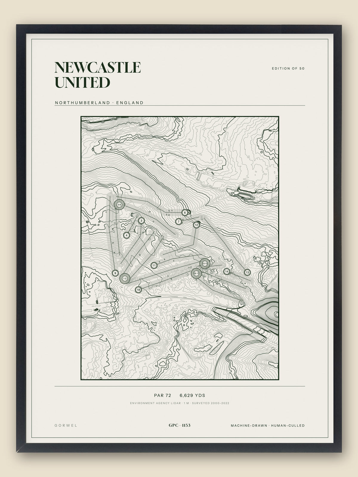 Newcastle United, Northumberland topographic golf course print, framed — Gorwel Print Co