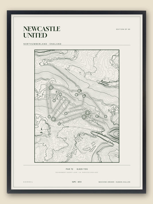 Newcastle United, Northumberland topographic golf course print, framed — Gorwel Print Co