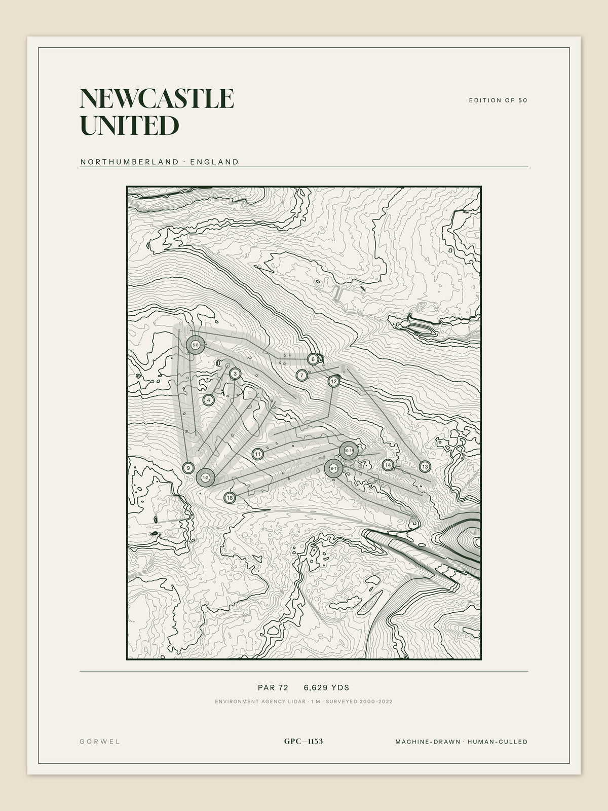 Newcastle United, Northumberland topographic golf course print