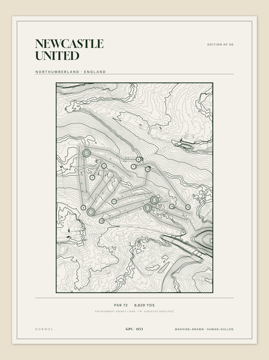 Newcastle United, Northumberland topographic golf course print