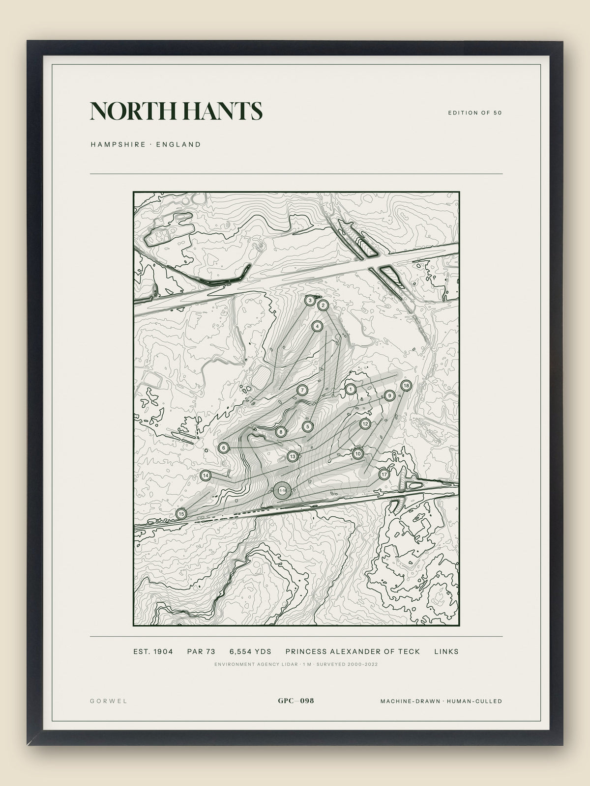 North Hants, Hampshire topographic golf course print, framed — Gorwel Print Co