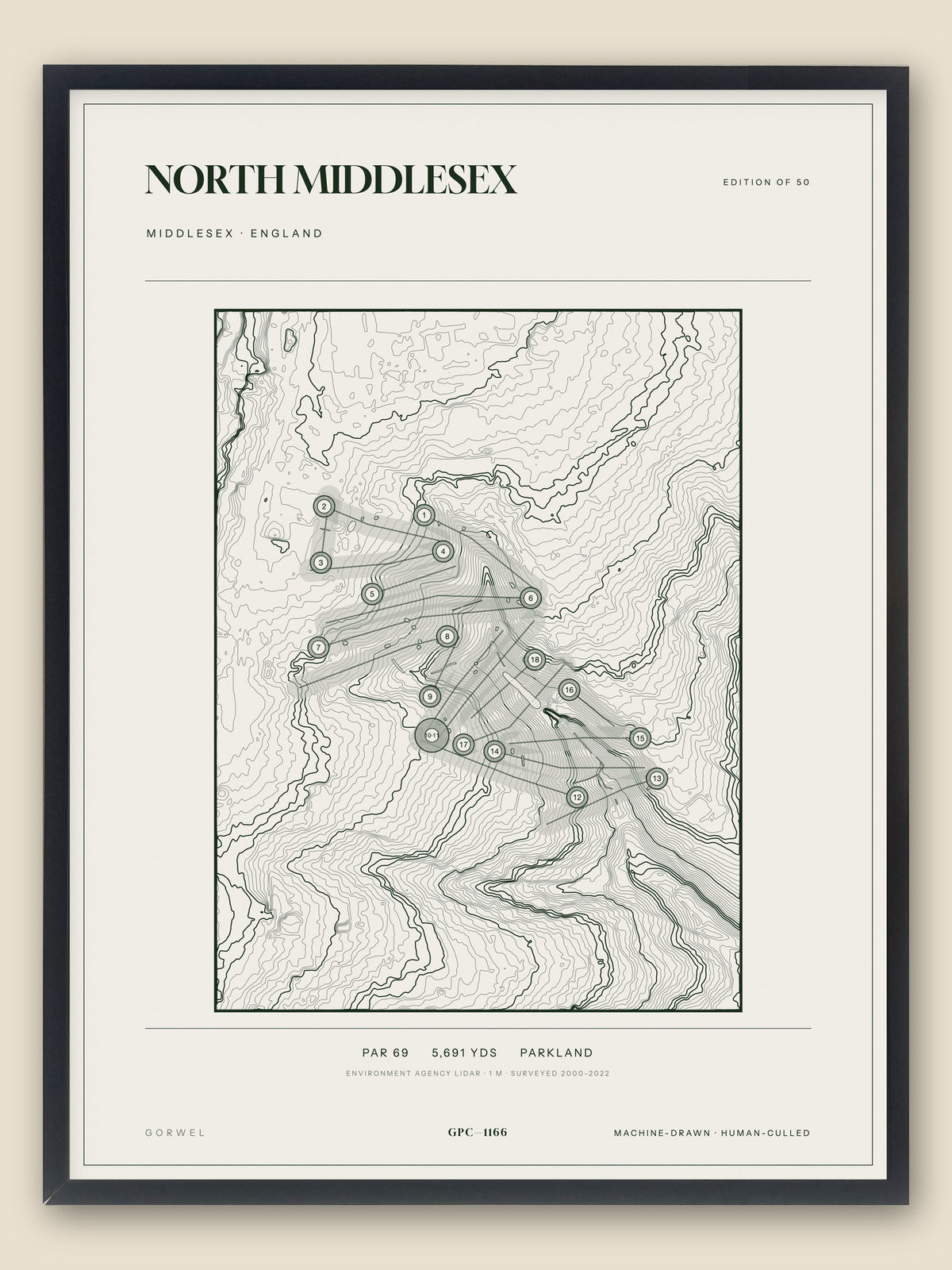 North Middlesex, Middlesex topographic golf course print, framed — Gorwel Print Co