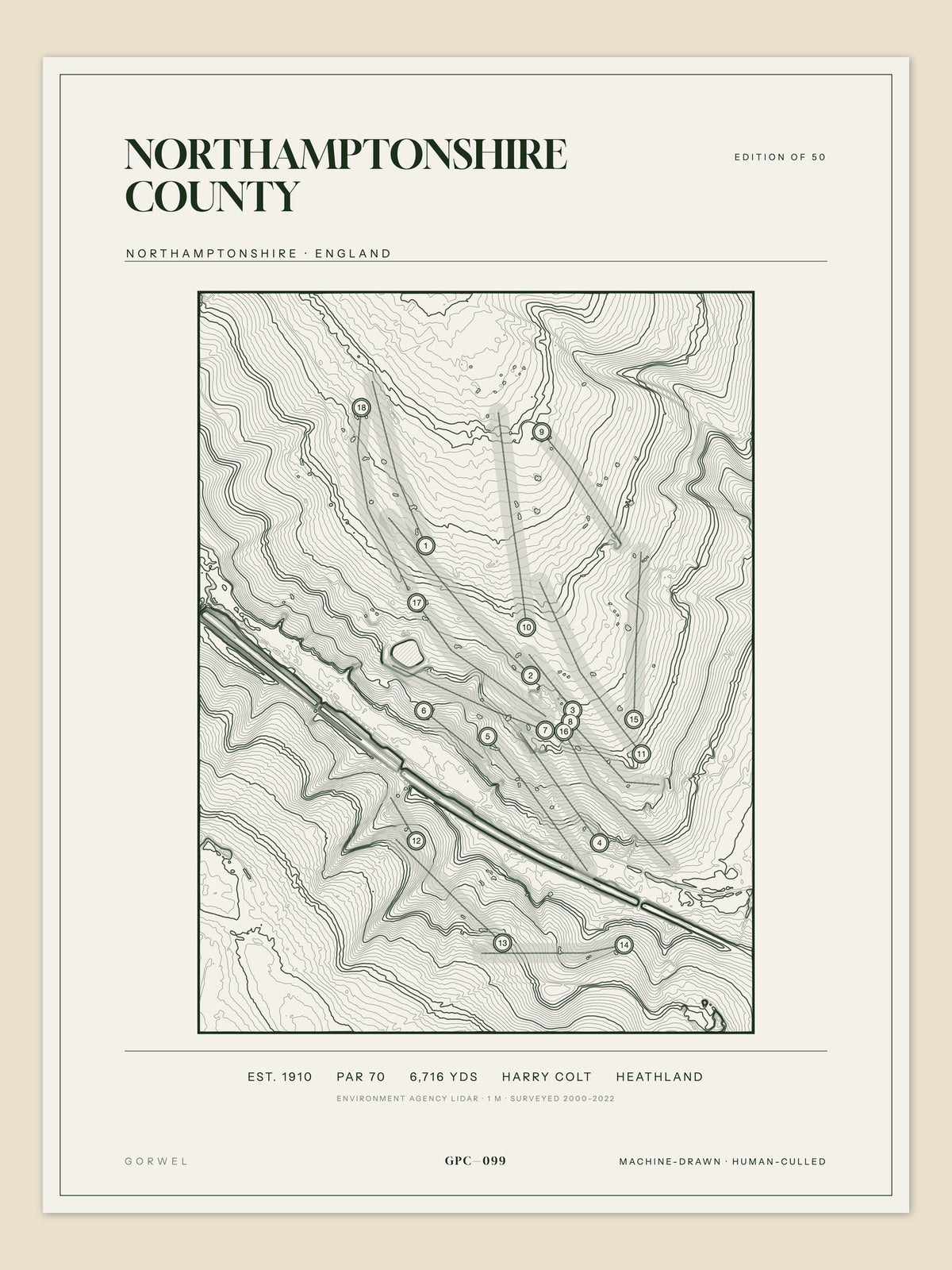 Northamptonshire County topographic golf course print — unframed sheet — Gorwel Print Co
