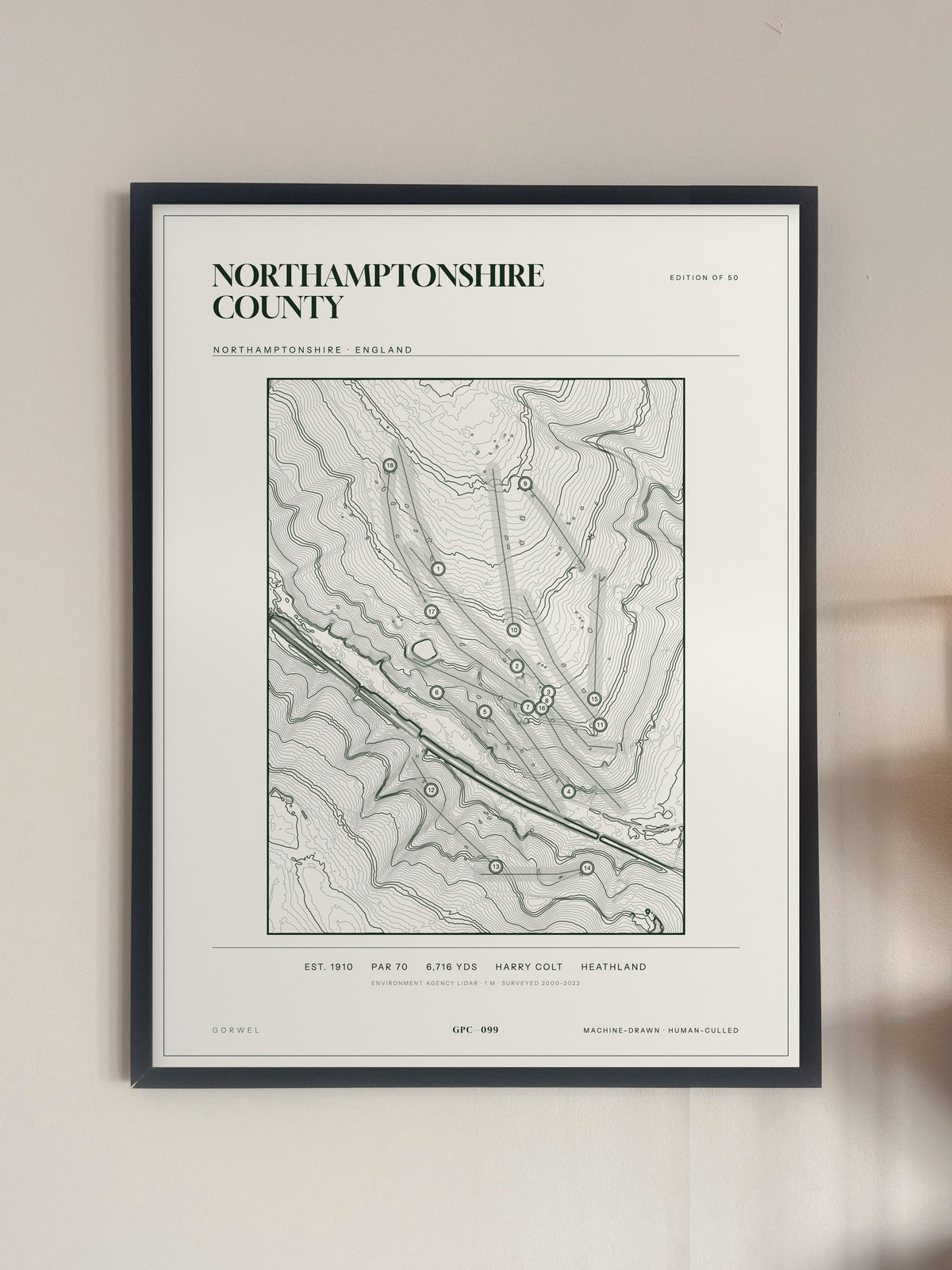 Northamptonshire County topographic golf course print — framed on a wall — Gorwel Print Co