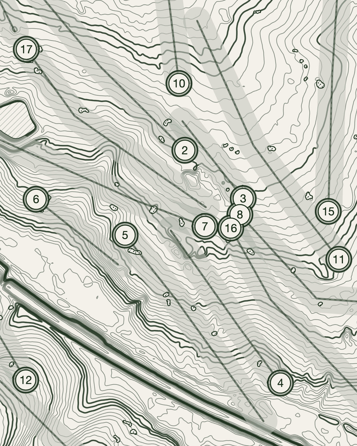 Northamptonshire County topographic golf course print — contour detail — Gorwel Print Co