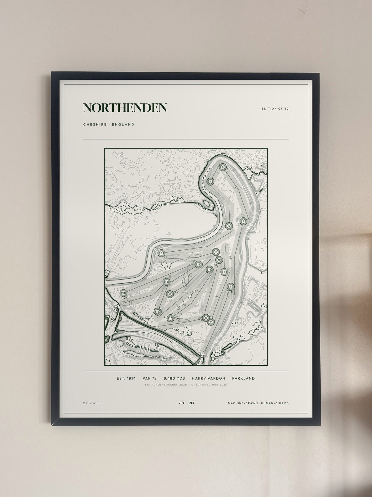 Northenden topographic golf course print — framed on a wall — Gorwel Print Co