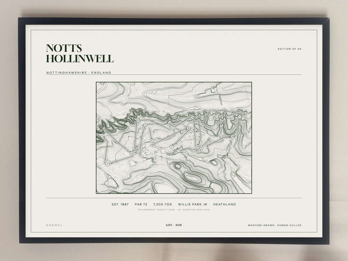 Notts Hollinwell topographic golf course print — framed on a wall — Gorwel Print Co