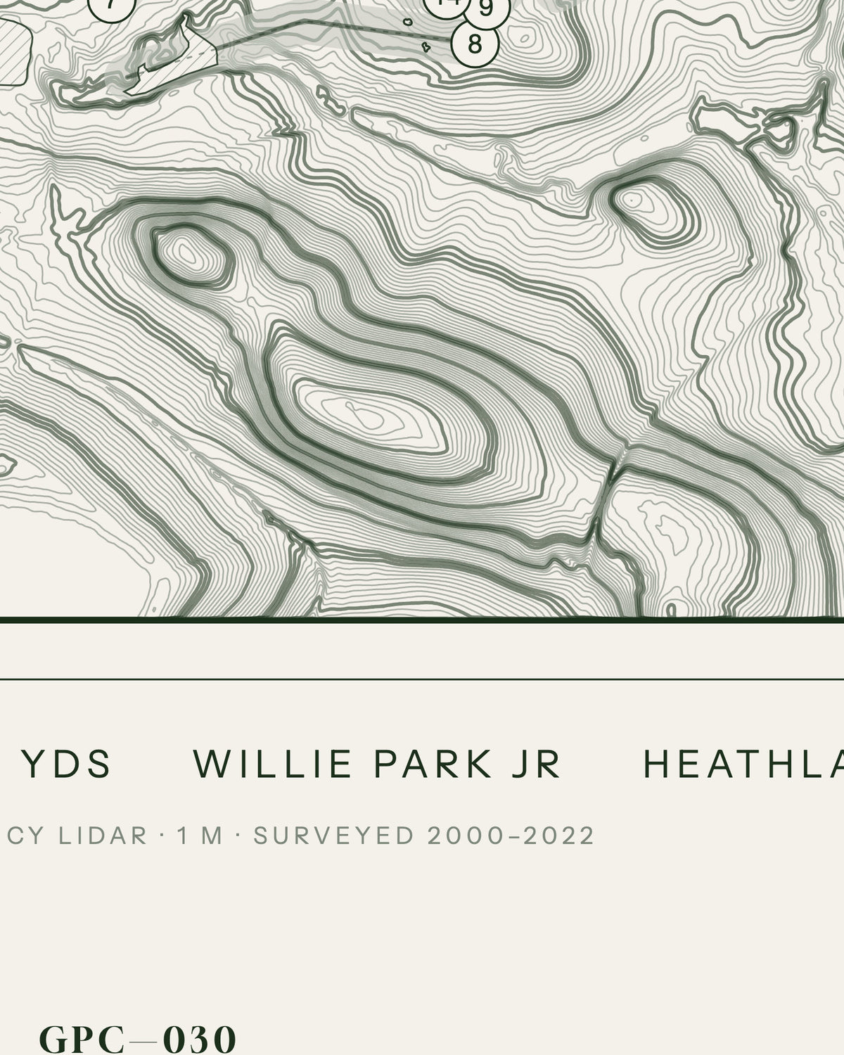 Notts Hollinwell topographic golf course print — contour detail — Gorwel Print Co