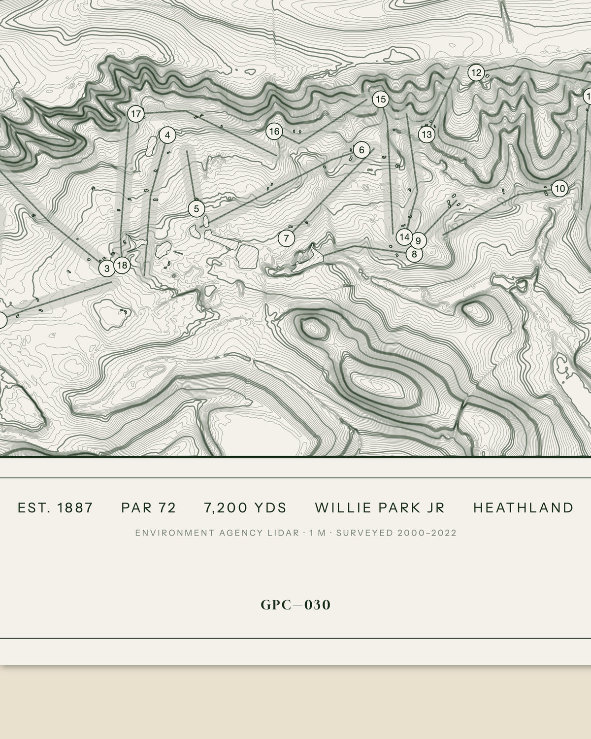 Notts Hollinwell topographic golf course print — data strip and edition mark — Gorwel Print Co