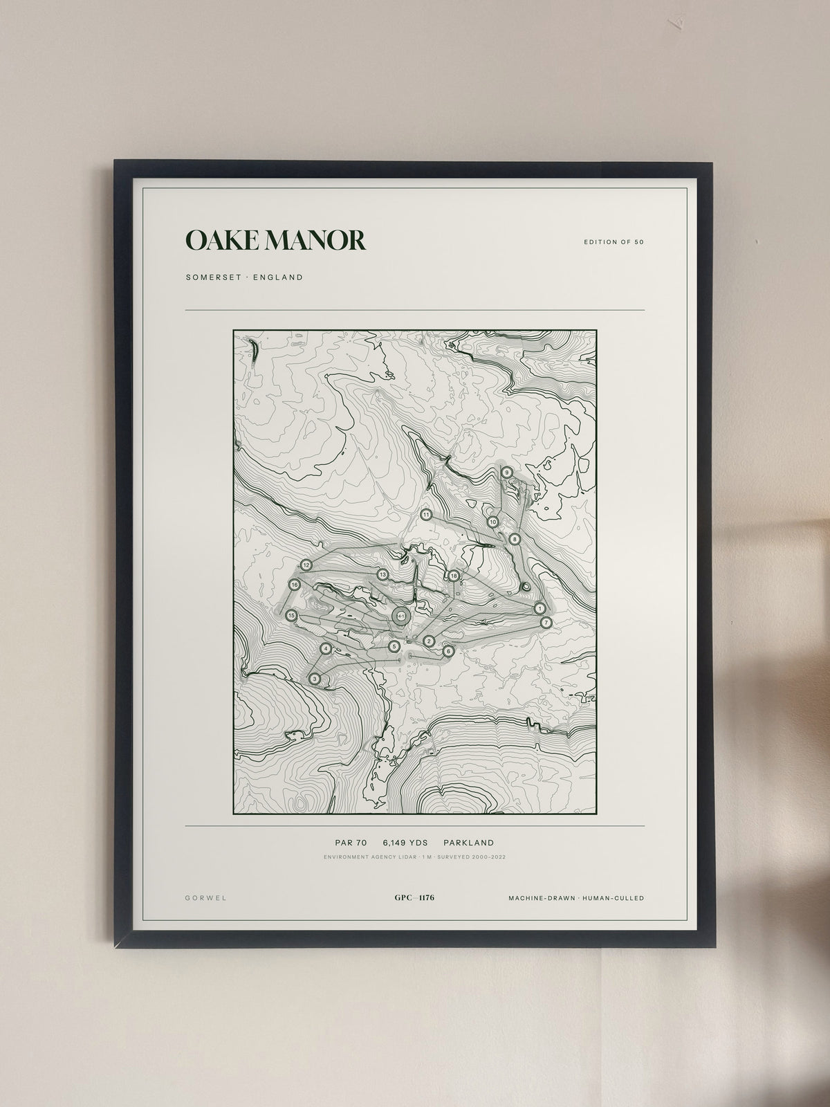 Oake Manor, Somerset print, framed, on a wall