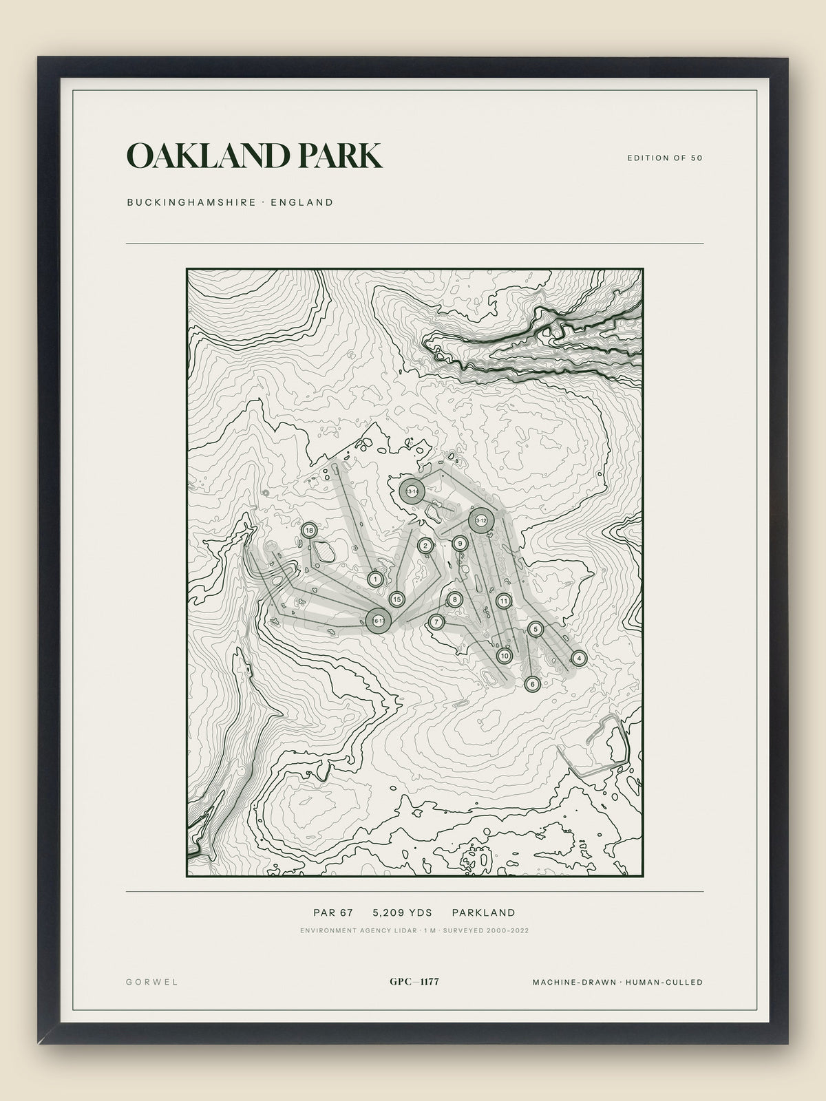 Oakland Park, Buckinghamshire topographic golf course print, framed — Gorwel Print Co
