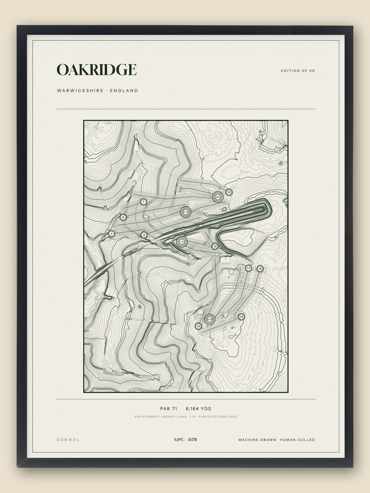 Oakridge, Warwickshire topographic golf course print, framed — Gorwel Print Co