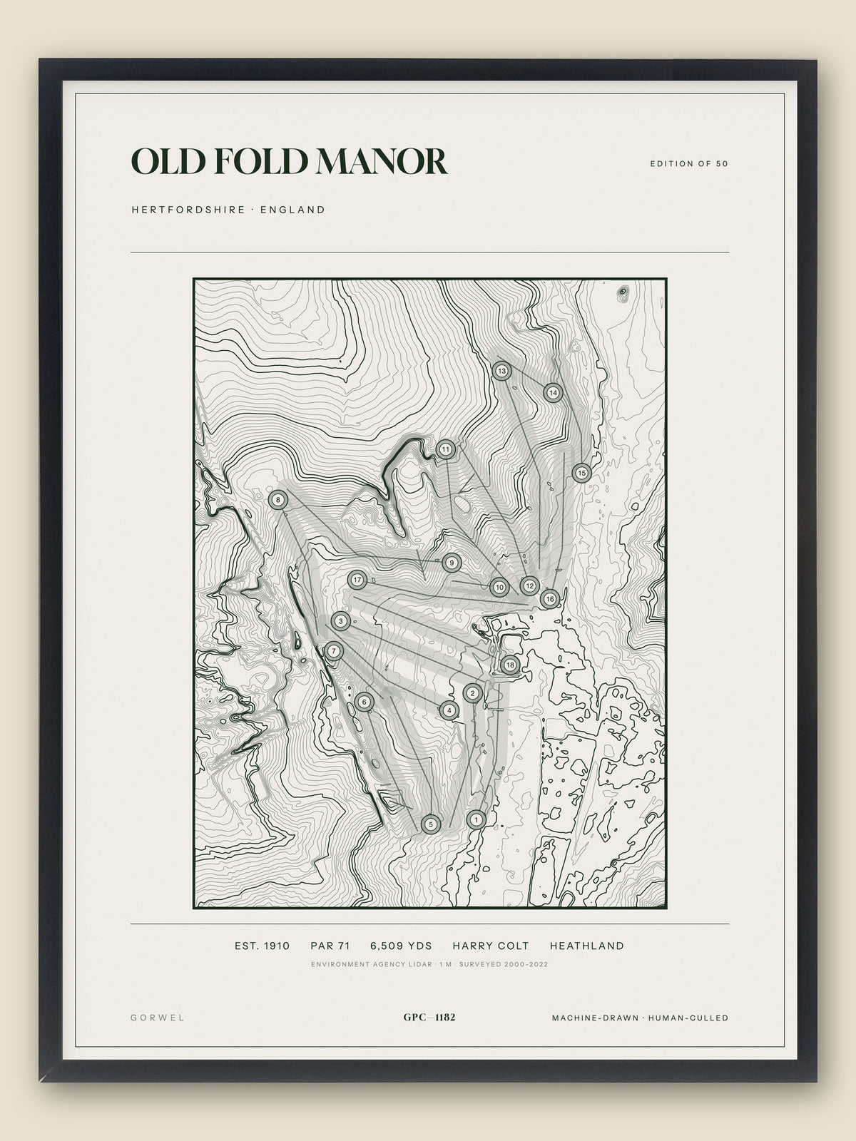 Old Fold Manor, Hertfordshire topographic golf course print, framed — Gorwel Print Co