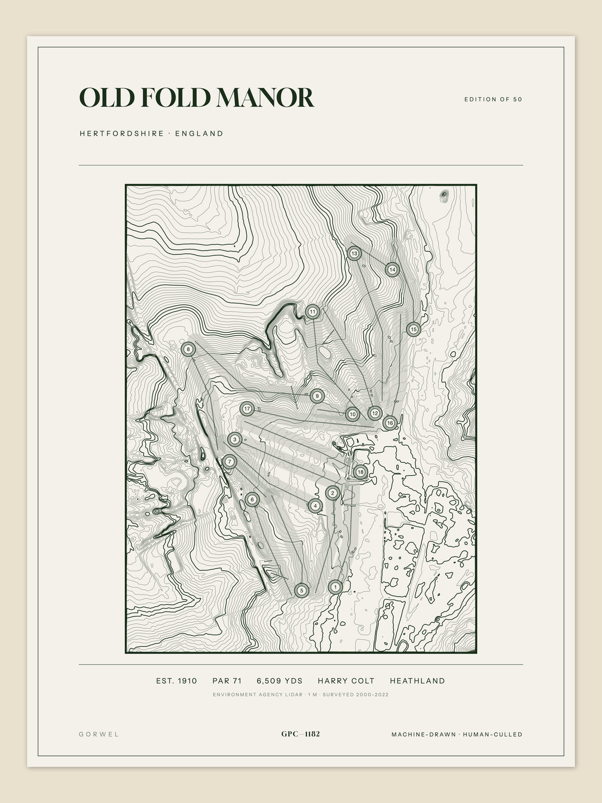 Old Fold Manor, Hertfordshire topographic golf course print