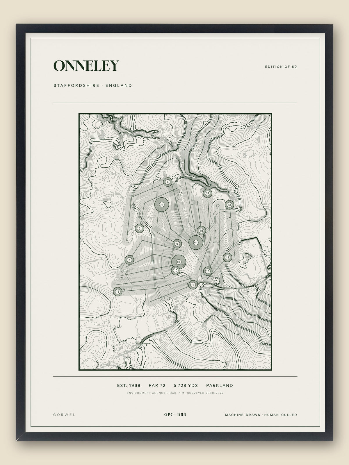 Onneley, Staffordshire topographic golf course print, framed — Gorwel Print Co