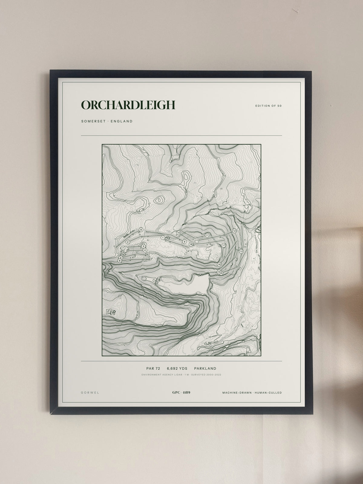 Orchardleigh topographic golf course print — framed on a wall — Gorwel Print Co