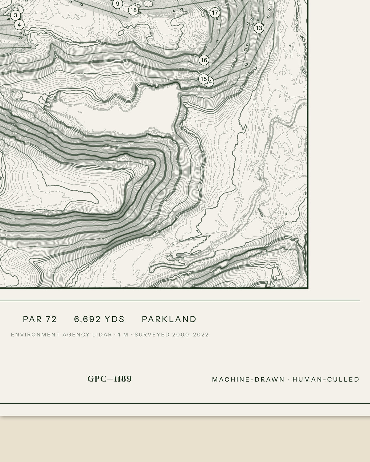 Orchardleigh topographic golf course print — data strip and edition mark — Gorwel Print Co