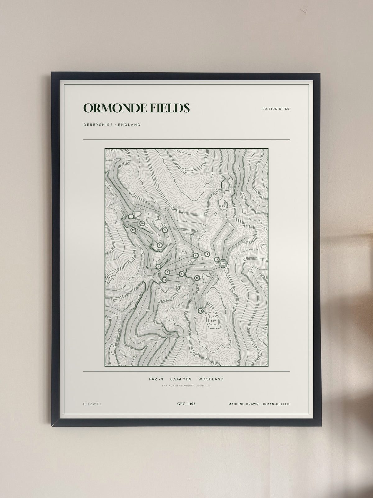 Ormonde Fields topographic golf course print — framed on a wall — Gorwel Print Co