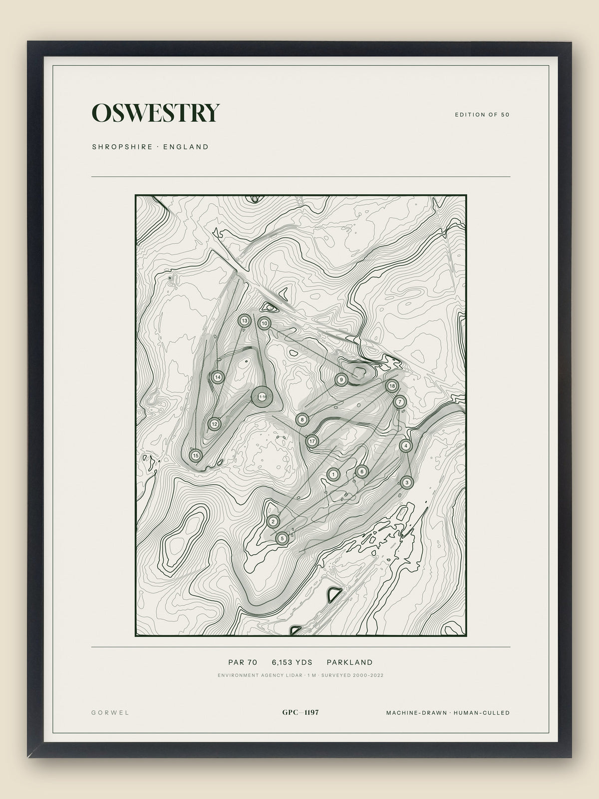 Oswestry, Shropshire topographic golf course print, framed — Gorwel Print Co