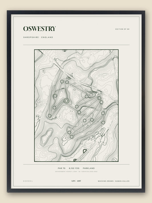 Oswestry, Shropshire topographic golf course print, framed — Gorwel Print Co