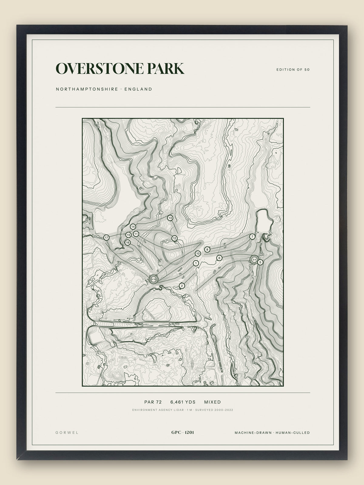Overstone Park, Northamptonshire topographic golf course print, framed — Gorwel Print Co