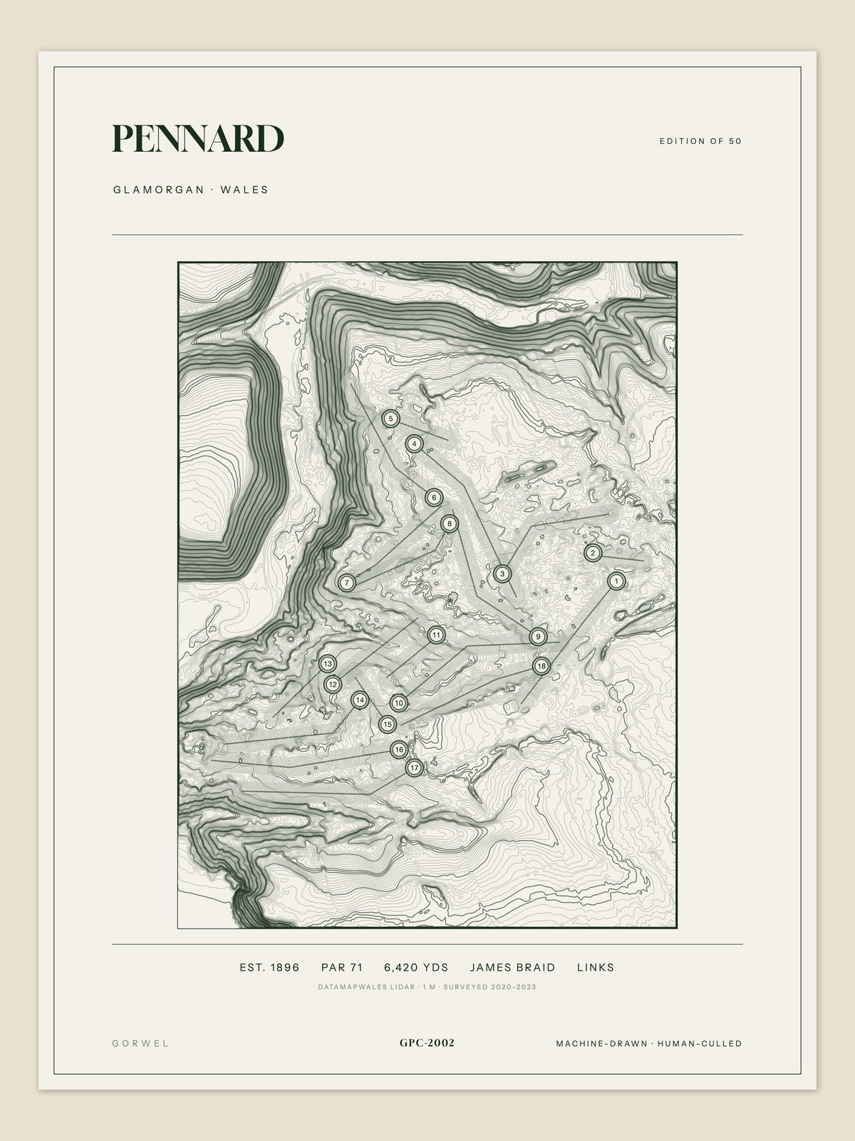 Pennard topographic golf course print — unframed sheet — Gorwel Print Co