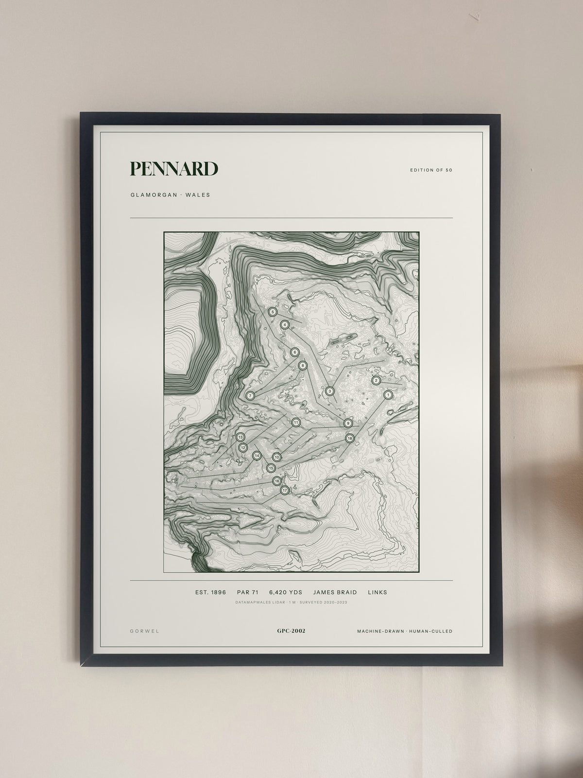 Pennard topographic golf course print — framed on a wall — Gorwel Print Co