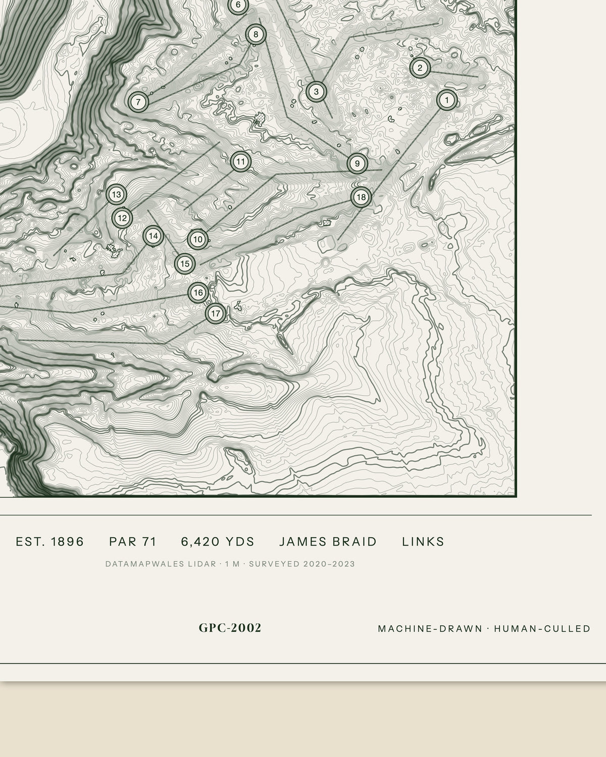 Pennard topographic golf course print — data strip and edition mark — Gorwel Print Co