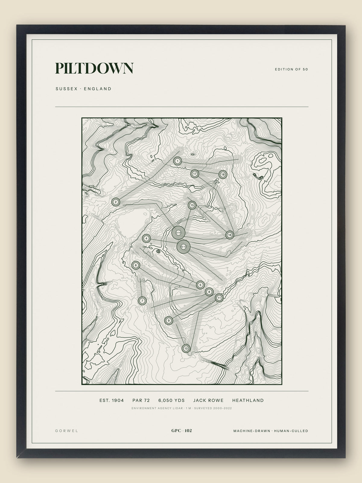 Piltdown, Sussex topographic golf course print, framed — Gorwel Print Co