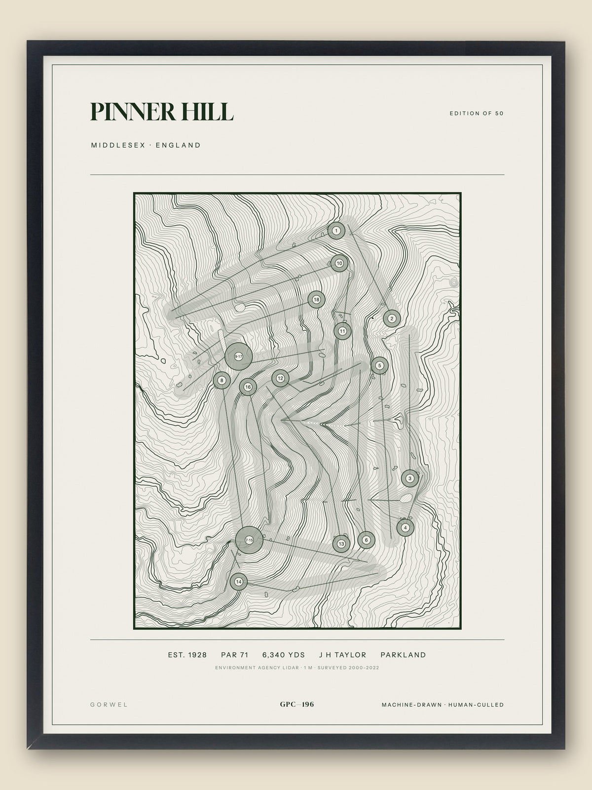 Pinner Hill, Middlesex topographic golf course print, framed — Gorwel Print Co