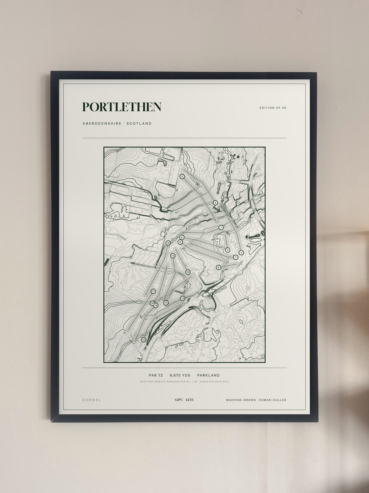 Portlethen topographic golf course print — framed on a wall — Gorwel Print Co