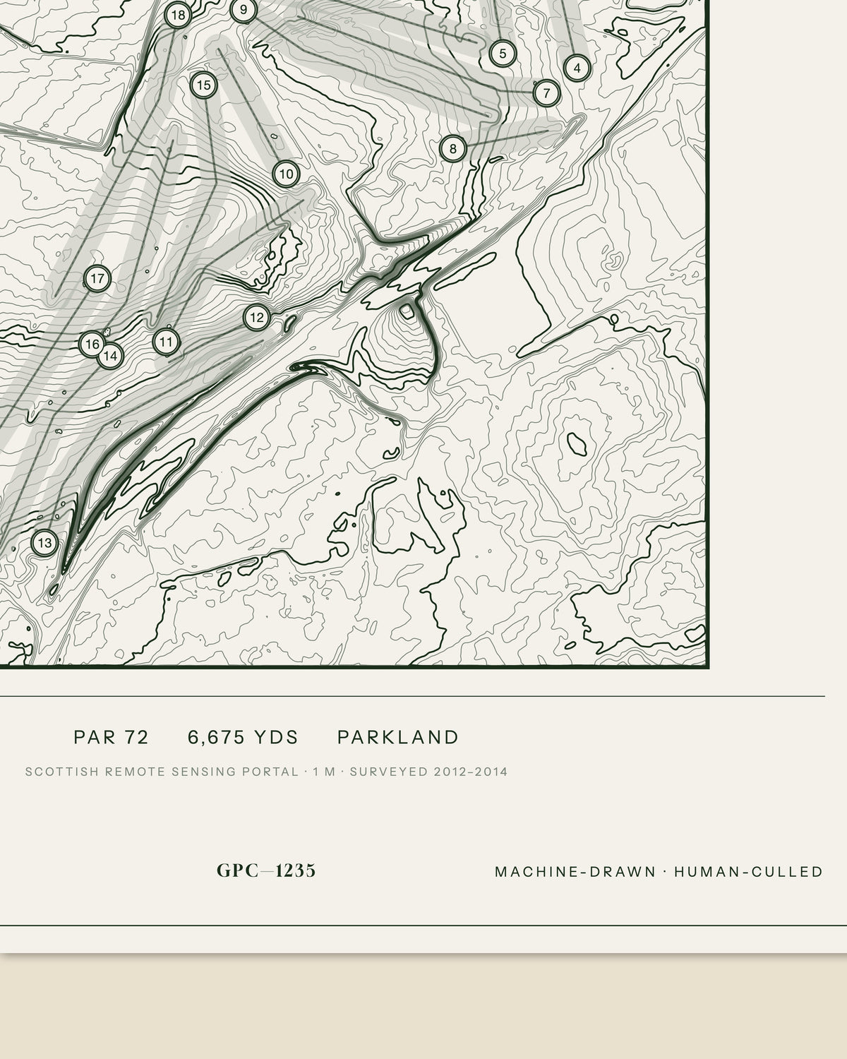 Portlethen topographic golf course print — data strip and edition mark — Gorwel Print Co