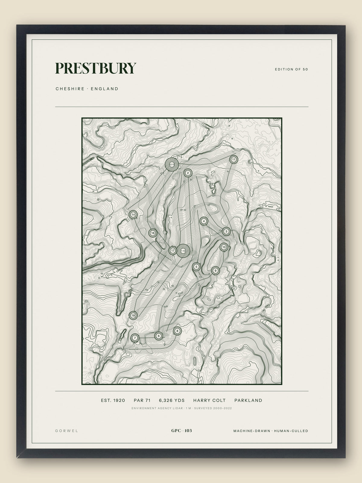 Prestbury, Cheshire topographic golf course print, framed — Gorwel Print Co