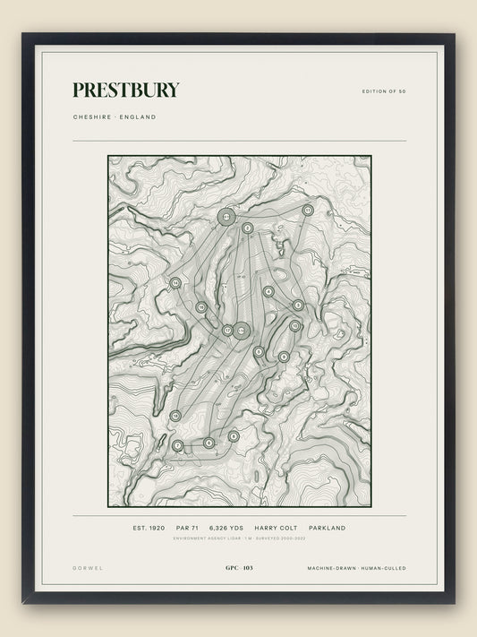 Prestbury, Cheshire topographic golf course print, framed — Gorwel Print Co
