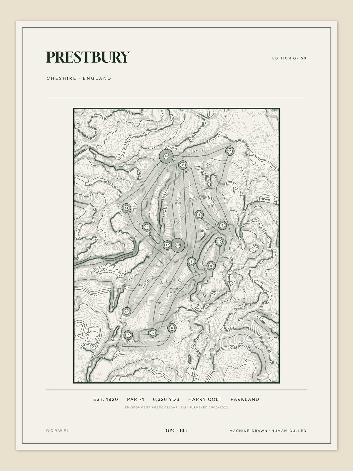 Prestbury, Cheshire topographic golf course print