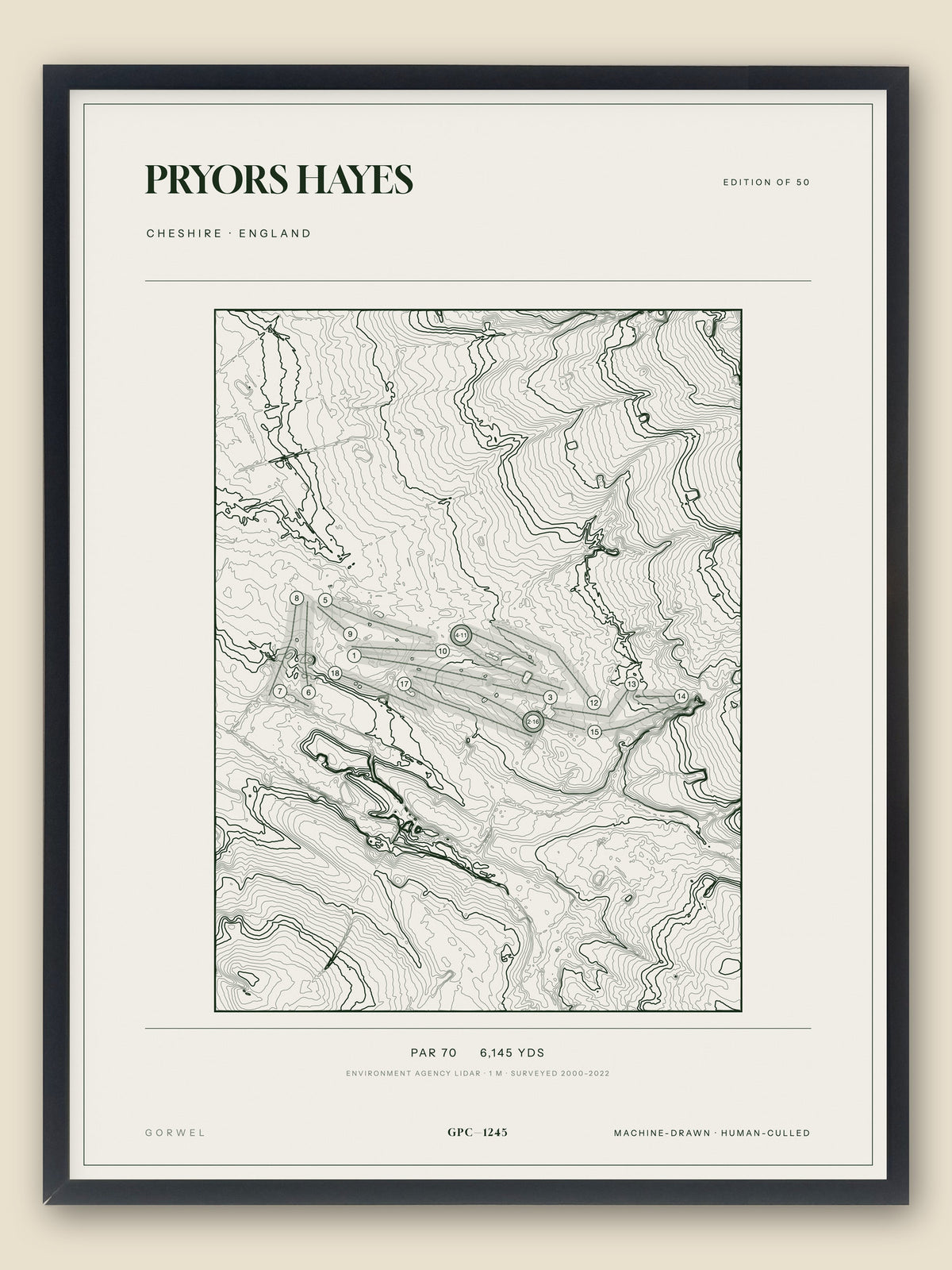 Pryors Hayes, Cheshire topographic golf course print, framed — Gorwel Print Co