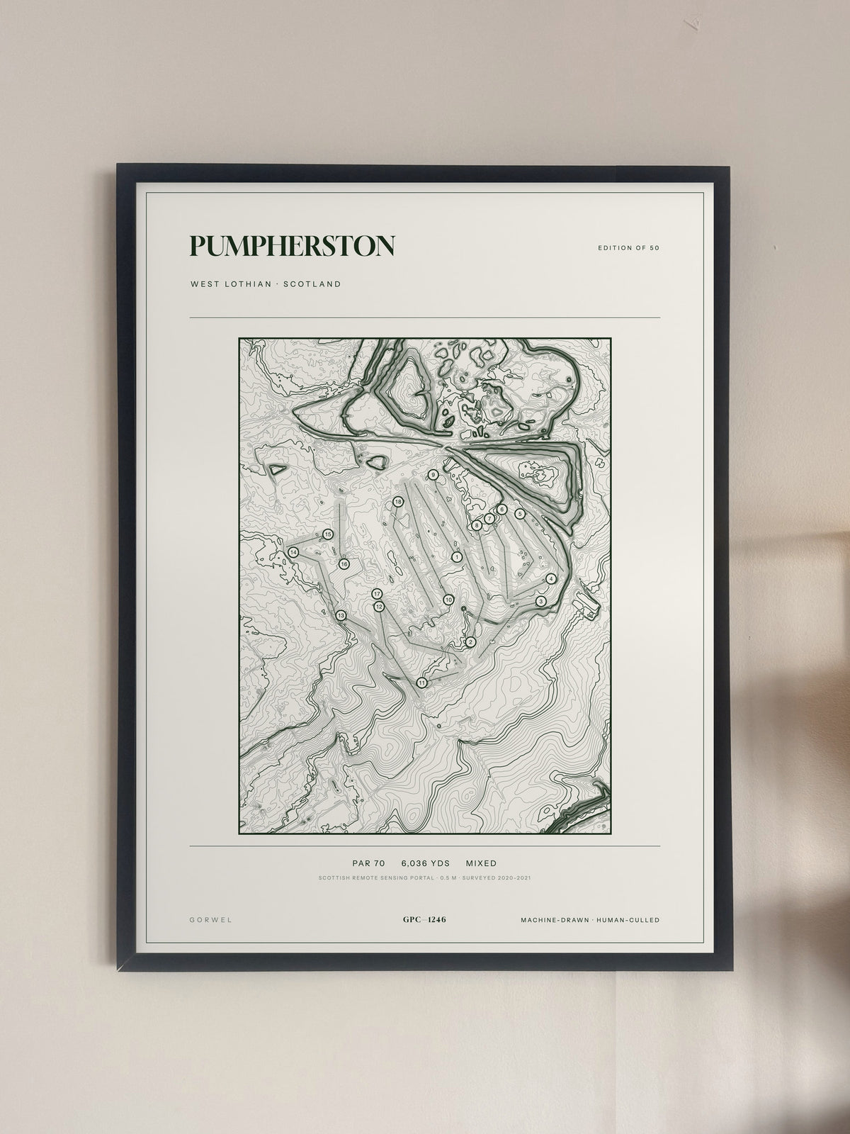 Pumpherston topographic golf course print — framed on a wall — Gorwel Print Co