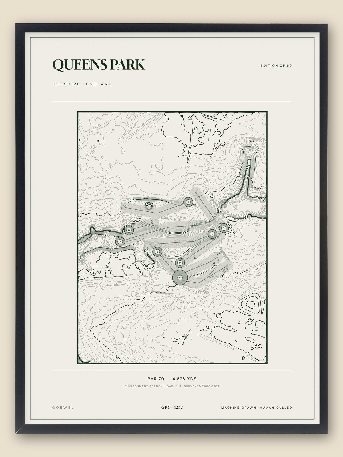 Queens Park, Cheshire topographic golf course print, framed — Gorwel Print Co