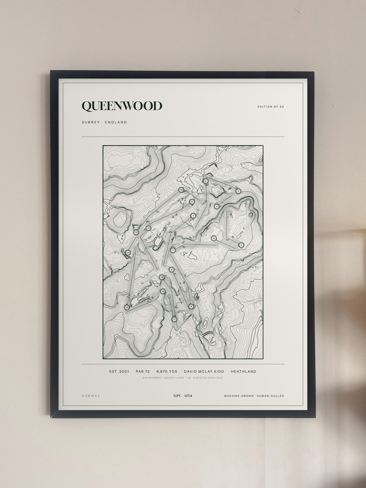 Queenwood topographic golf course print — framed on a wall — Gorwel Print Co