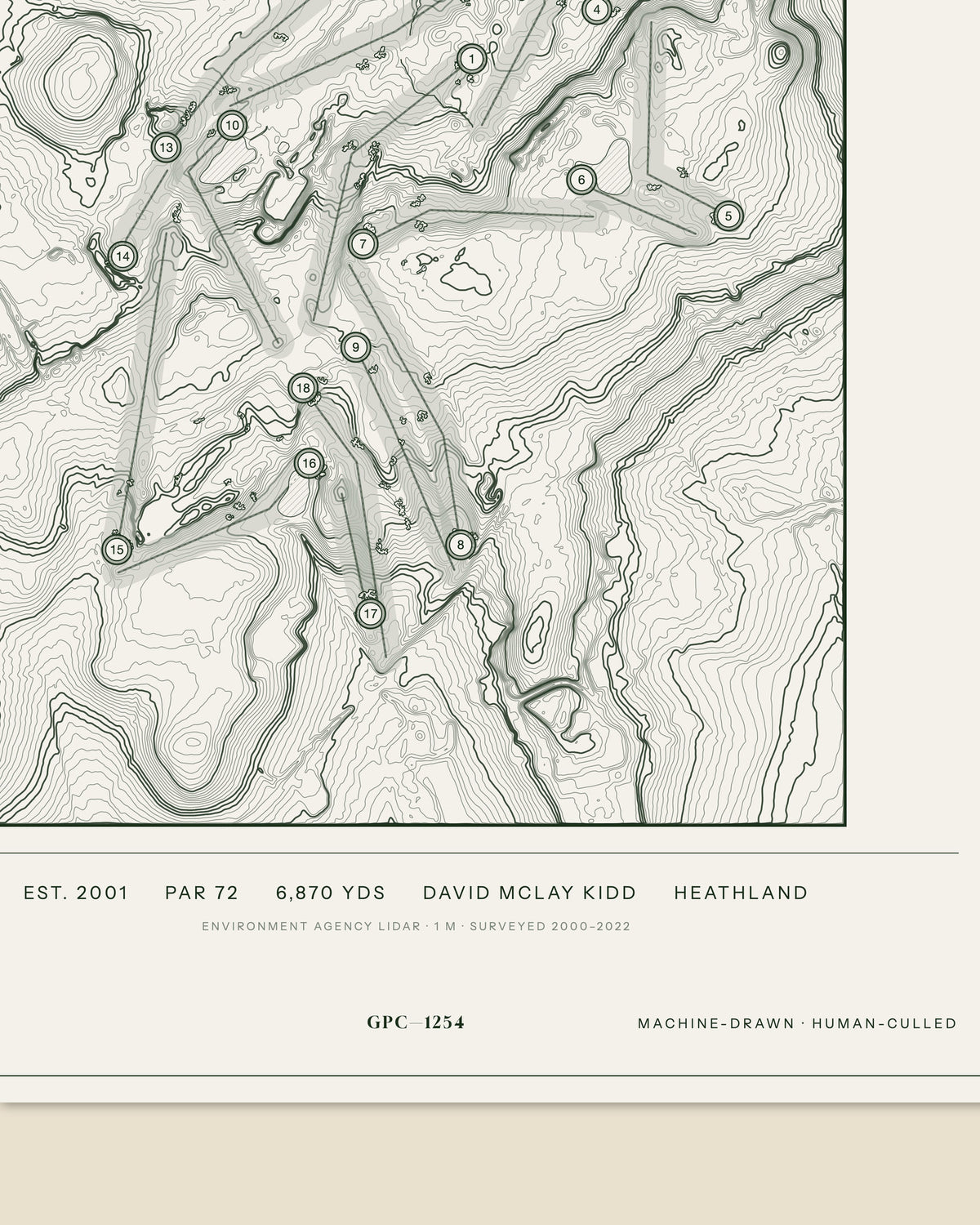 Queenwood topographic golf course print — data strip and edition mark — Gorwel Print Co