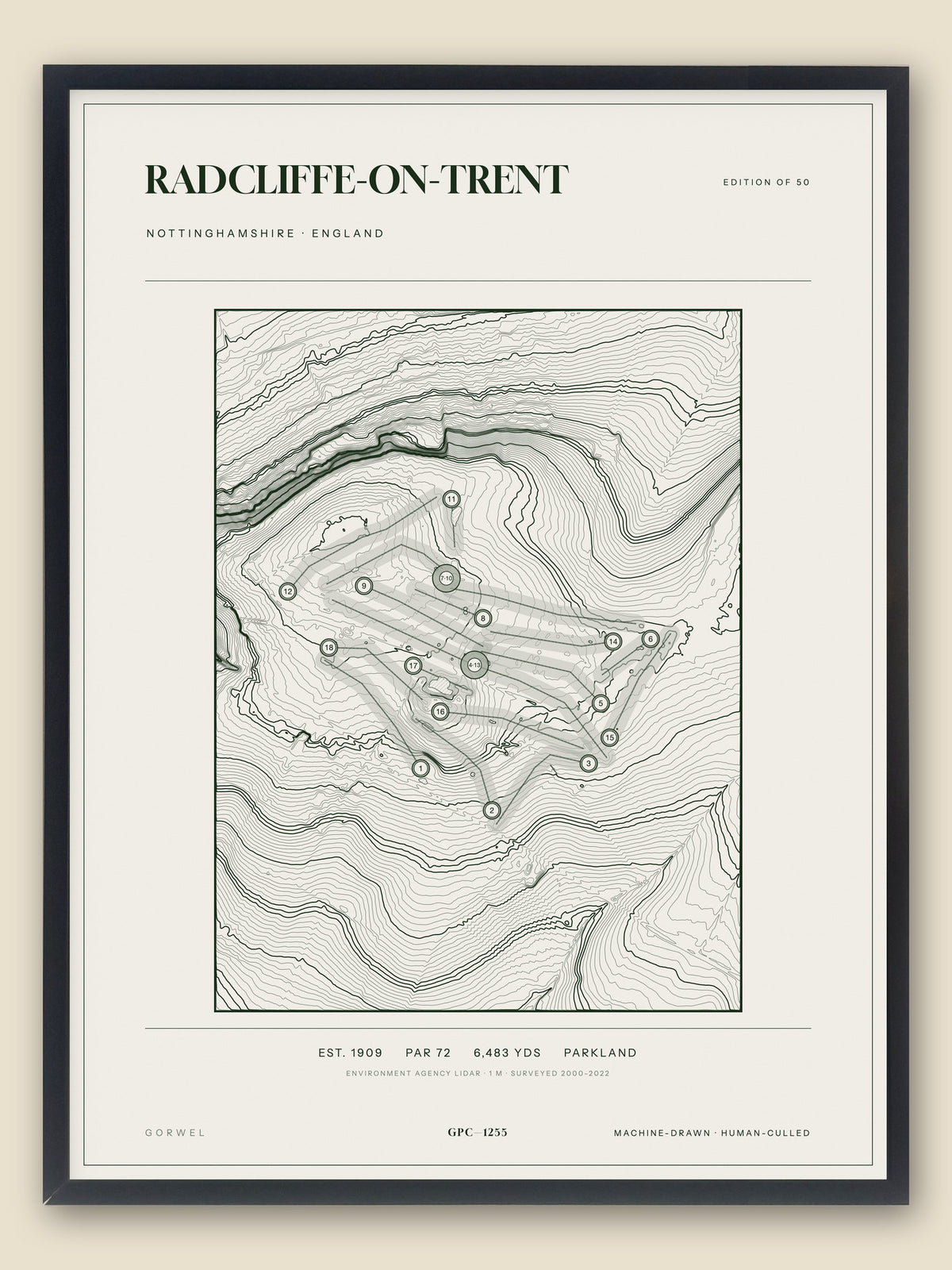 Radcliffe-On-Trent, Nottinghamshire topographic golf course print, framed — Gorwel Print Co