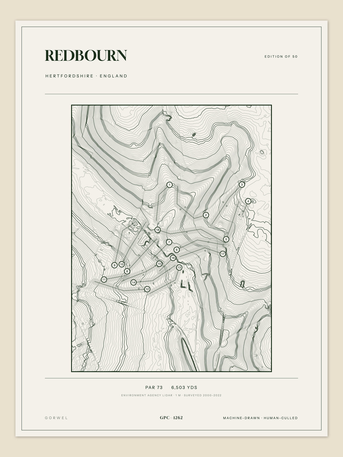 Redbourn topographic golf course print — unframed sheet — Gorwel Print Co