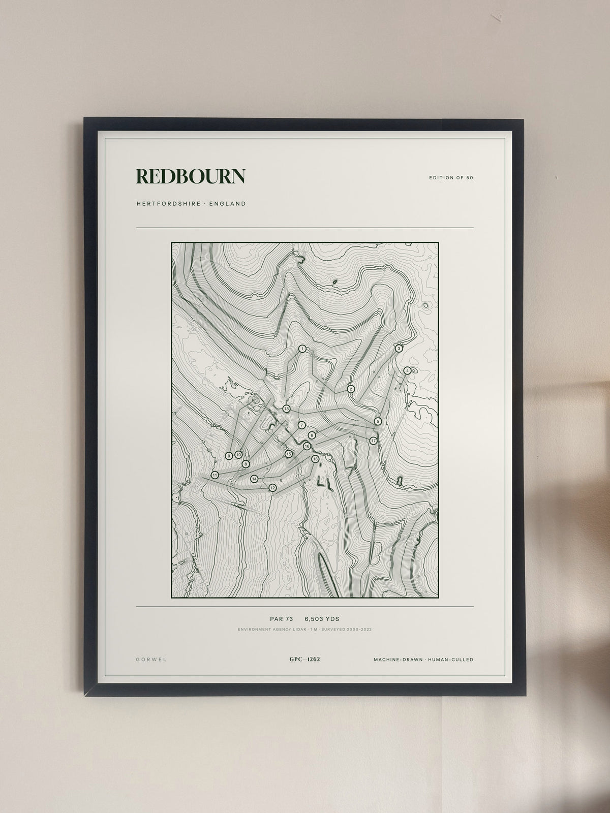 Redbourn topographic golf course print — framed on a wall — Gorwel Print Co