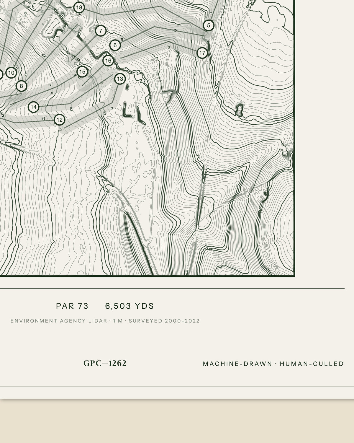 Redbourn topographic golf course print — data strip and edition mark — Gorwel Print Co